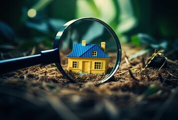 The concept of house search and market investments, depicted through a magnifying glass focusing on houses, symbolizing a scrutiny of the real estate market. - obrazy, fototapety, plakaty