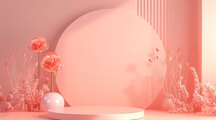 Valentine's Day or Mother's Day product display scene background with podium and flowers in peach color - AI Generated