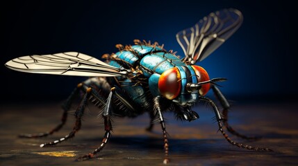 Macro shot of a blue fly on a dark background. 3d rendering Generative AI