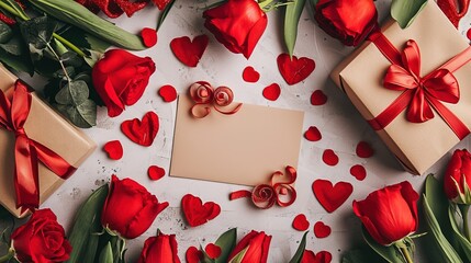 red roses with empty card and gift box on white background - AI Generated