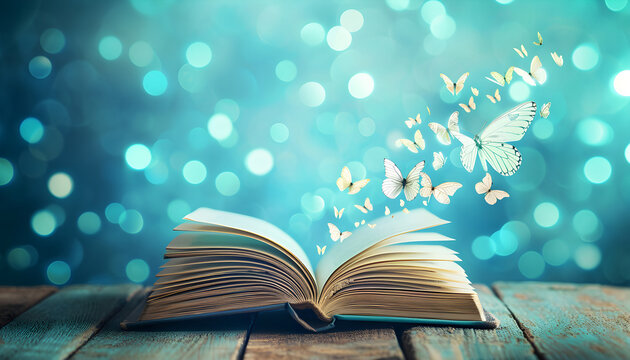 Open book with magic light and glowing butterflies flying out of it on wooden table against light blue bokeh background