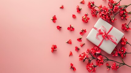 gift and red little flowers on a pink background top view - AI Generated