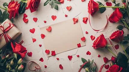 Empty paper sheet on white background with decorative hearts and roses for Valentines Day - AI Generated