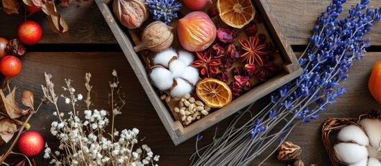 Ornamental box with assorted items like dried fruits, cotton, and lavender - obrazy, fototapety, plakaty
