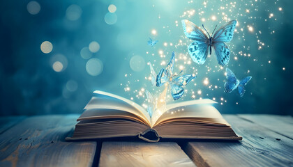 Open book with magic light and glowing butterflies flying out of it on wooden table against light blue bokeh background