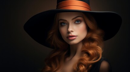 Portrait of a beautiful redhead girl in a black hat. Generative AI