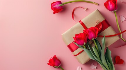 gift wrapped and decorated with red ribbon on pink background with copy space - AI Generated
