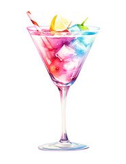 Tropical cocktail with ice splashing. Hand drawn watercolor summer refreshing alcoholic drink. Cocktail with splash, digital abstract illustration for advert, menu, isolated on white