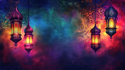 Foto op Aluminium ganging arabic lanterns in neon colors - AI Generated Abstract Art © Curva Design