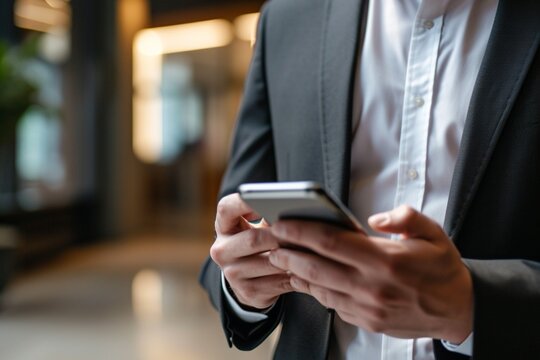 Businessman text messaging on smart phone at work place