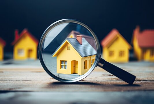 Close-up of a magnifying glass searching for a house, symbolizing the process of looking for a property to buy.