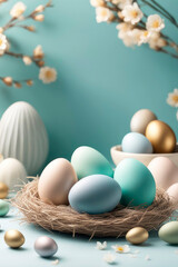 Celebrating Easter, holiday greeting card mockup with flowers and colored eggs. Spring backdrop.
