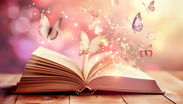 Open book with magic light and glowing butterflies flying out of it on wooden table against light pink bokeh background