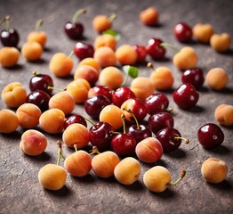 Cherries and sweet cherries on a wooden background. Selective focus.