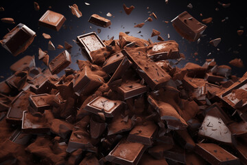 Schokolade und Schokoladenstückchen, Verstreute Schokoladenstücke - obrazy, fototapety, plakaty