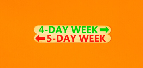 5 or 4 day week symbol. Concept word 5-day week or 4-day week on beautiful wooden stick. Beautiful orange table orange background. Business and 5 or 4 day week concept. Copy space.