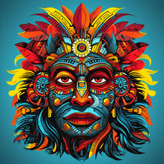 tribal mask symbol For performing evil spirit rituals, traditional tribal ritual masks. Totem head with colorful feathers.