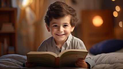 Cute boy smiling and reading book at home - obrazy, fototapety, plakaty