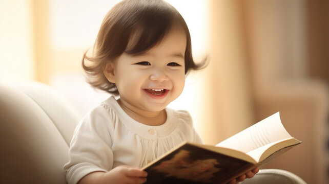 Cute girl smiling and reading book at home