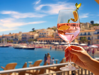 Glass of wine in hand. A glass of young fresh rose wine against the backdrop of a summer cafe