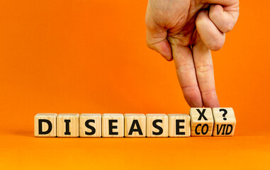 Disease X after covid symbol. Turned cubes and changed the word Disease COVID to Disease X....