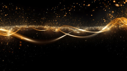 Fototapeta na wymiar Waves of shimmering gold particles with wave-like shapes. Isolated on a black background. Created with Generative AI.