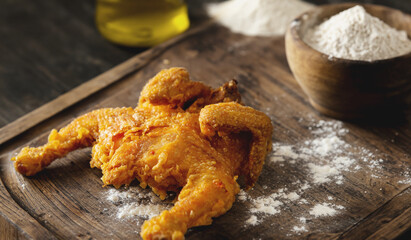 Fried chicken on a wooden cutting board