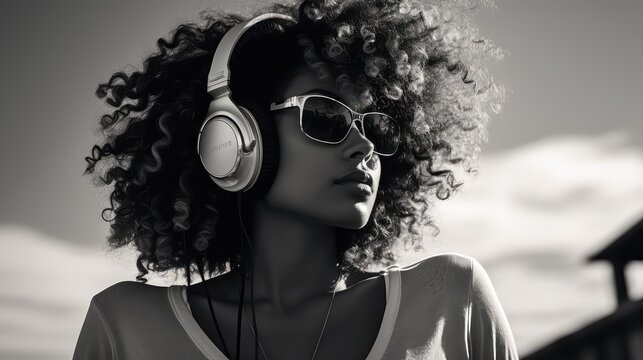 a beautiful attractive black woman enjoy listening music summer day on beach, black and white photo, headphone