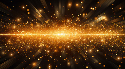 A gold-colored lens flare background with gold dust particles surrounding it, isolated on a black background. Created with Generative AI.
