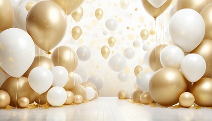 wedding or party background with balloons decoration elements for party birthday celebration pastel white and gold background with round spheres