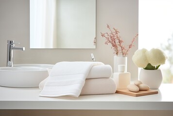 An arrangement of herbal bags and beauty treatment items displayed on a white wooden table in a spa setting.