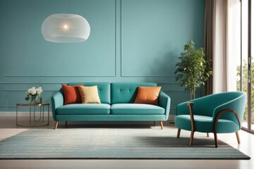 Interior home design of modern living room with turquoise sofa, furniture and houseplants near the window