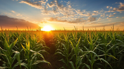 corn field with blue sky at sunset