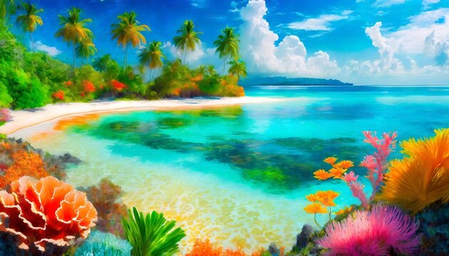 a breathtaking painting of a paradise on earth depicting a lush tropical island teeming with vibrant coral reefs 
