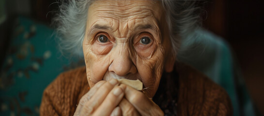 Close up old woman emotional Wrinkled face challenges of aging society