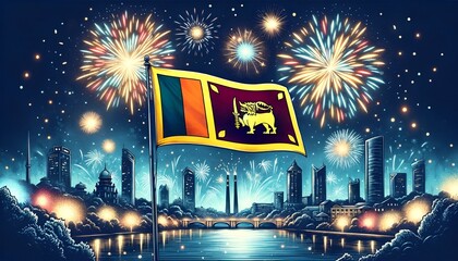Illustration of sri lanka independence day fireworks celebration.