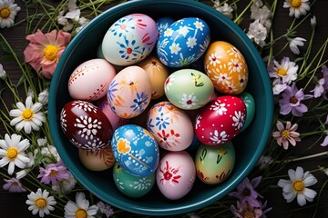Fototapeta premium easter eggs in a basket, eastereggs in a nest
