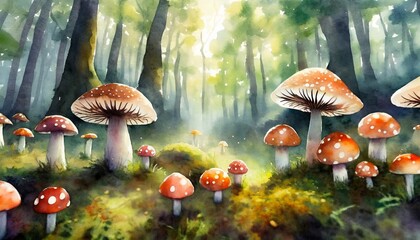watercolour mushrooms in the mystery forest - obrazy, fototapety, plakaty