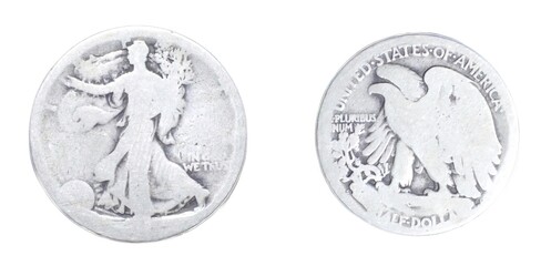 old vintage worn Walking Liberty half dollar is a silver 50 cent piece or half dollar coin that was issued by the United States S Mint from 1916 to 1947 front and back isolated on white background - obrazy, fototapety, plakaty