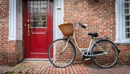 Fototapeta na wymiar vintage bicycle with retro wicker basket parked in front of a house brick wall next to a bright red door