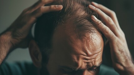 a man experiencing hair loss running his fingers through balding scalp. - obrazy, fototapety, plakaty
