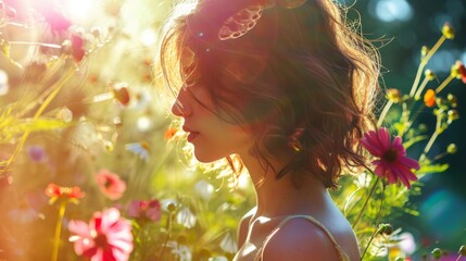 a woman stands with blooming flowers bathed in golden sunlight