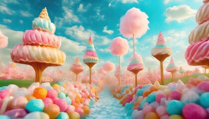 a fairy tale landscape full of sweets candies and cotton candy creates a whimsical and fantastical...