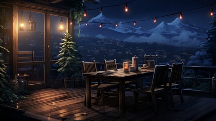 a table and chairs on a deck with lights - obrazy, fototapety, plakaty