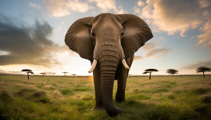 Fototapeta na wymiar the close up photo of the majestic african elephant under the sunset sky at the savannah field 