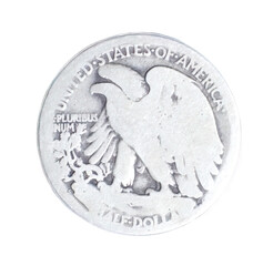 old vintage worn Walking Liberty half dollar is a silver 50 cent piece or half dollar coin that was issued by the United States S Mint from 1916 to 1947 reverse back view isolated on white background