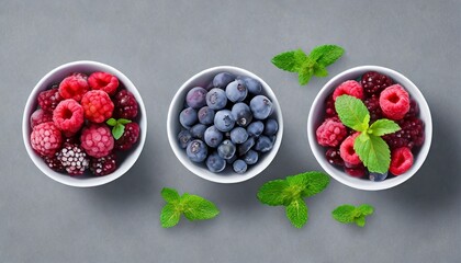 top view three bowls of frozen berries and mint leaves arrangement on a grey background  healthy...