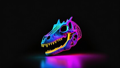 neon dinosaur skull on black background