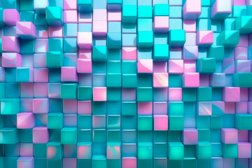 Mosaic cubic geometrical wall in sweet sherbet, cool pink, pastel purple, pastel turquoise, dark blue-green tones.
