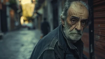 Cercles muraux Ruelle étroite homeless old man standing in a narrow, sunlit street facing mental illness, alzheimer, dementia, depression, grief